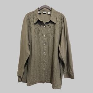 Vtg. Richard Malcolm 100% Irish Linen Shirt Size 2X Olive Button Up Embroidered